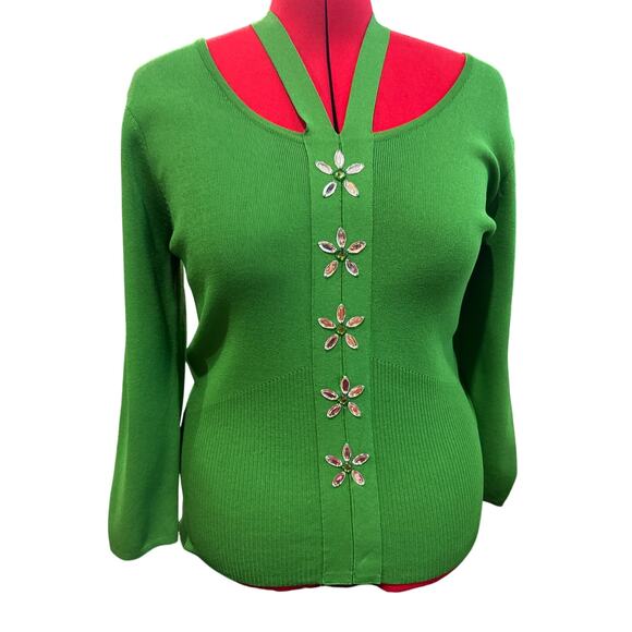 Vintage Bob Mackie Studio Medium Embellished Green Knit Top - Picture 1 of 7